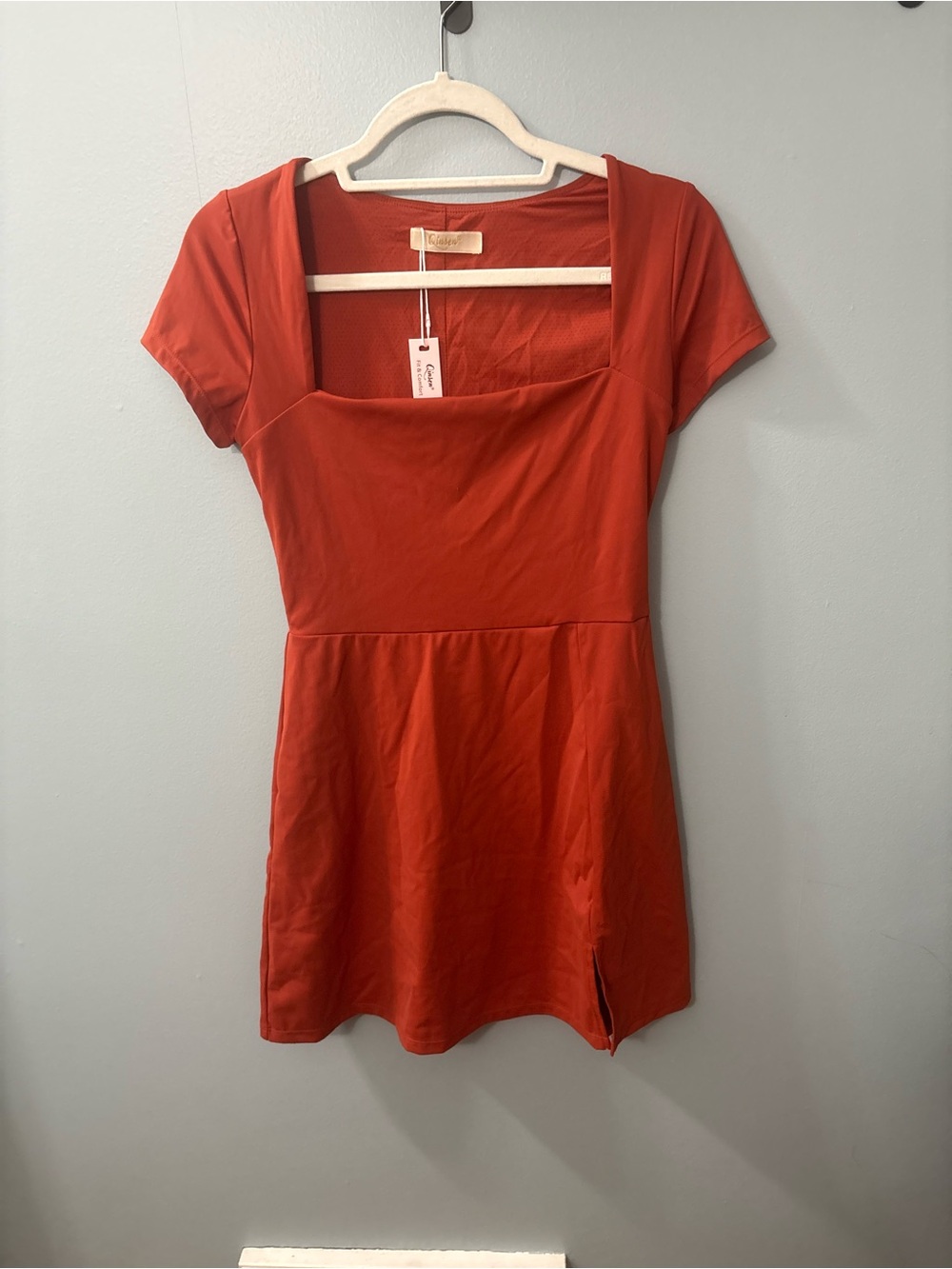 Square Neck Short Sleeve Mini Dress - Rust Orange